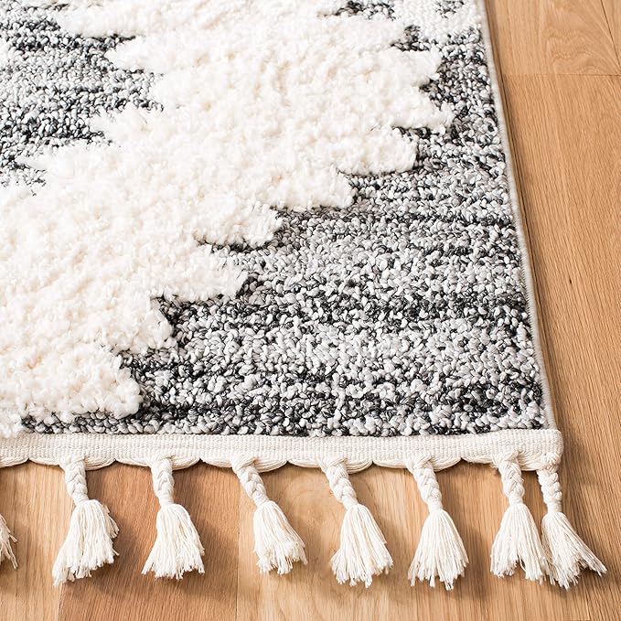 SAFAVIEH Moroccan Tassel Shag Collection Runner Rug - 2'3" x 12', Ivory & Grey, Boho Design, Non-Shedding & Easy Care, 2-inch Thick Ideal for High Traffic Areas in Living Room, Bedroom (MTS652F)