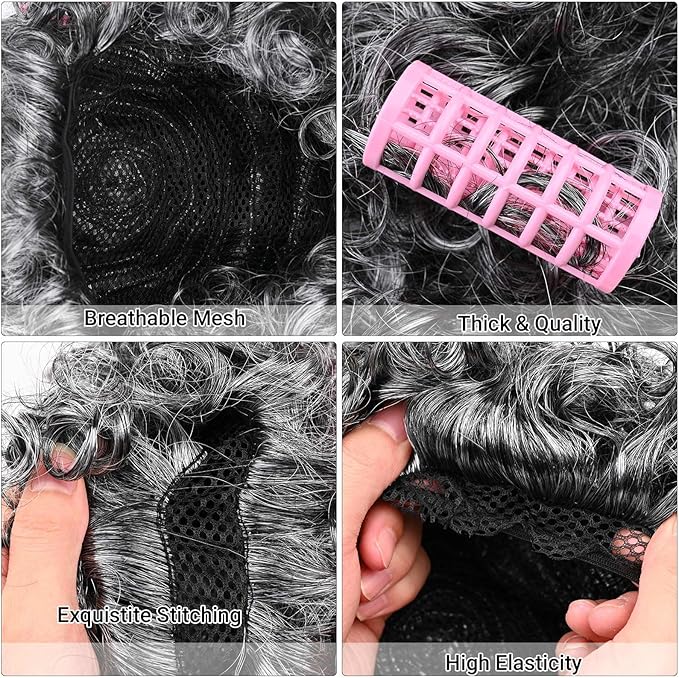 Old Lady Costume Kit Include Wig Floral Skirt Bucket Bag Glasses&Chain Cane for Halloween Granny Cosplay