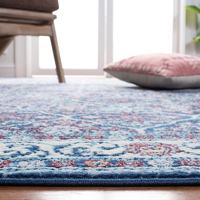 SAFAVIEH Brentwood Collection 6'7" Square Navy / Red BNT870N Oriental Damask Trellis Non-Shedding Living Room Bedroom Area Rug