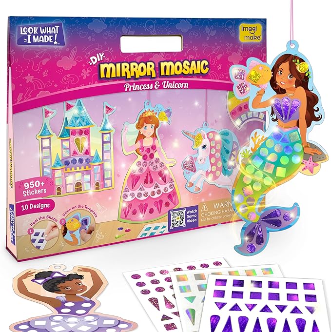 Imagimake Mirror Mosaic Princess & Unicorn Kids Art Set | DIY Craft Kit | Foil Stickers for Kids | Birthday Gift for Girls and Boys Ages 3,4,5,6,7,8 | 3 Year Old Girl Gifts
