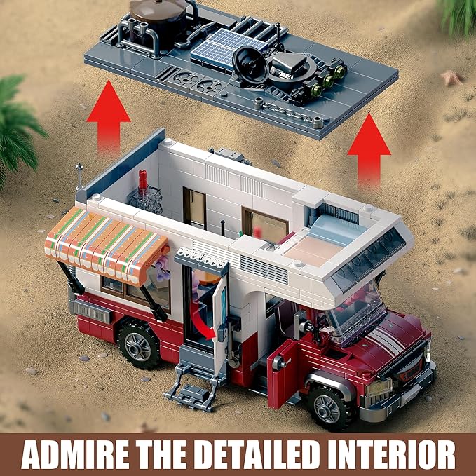 TYCOLE City Camper Van Building Set-Beach Camping Themed Construction Toy Kit with Mini Accessories&Lights, RV Car Model Compatible with Legos, Christmas Birthday Gift for Adults and Kids 6+(880 pcs)