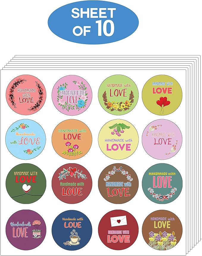 Creanoso Handmade with Love Stickers - Floral (10-Sheet) - Colorful and Unique Designs Perfect for Any Occasions as Gifts, Party Favors, or for Personal Use