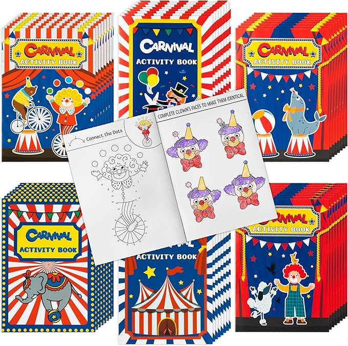 JAPBOR Carnival Activity Coloring Books - 48PCS Mini Circus Carnivals Activities Color Books Bulk for Kids Party Favors, Showman Themed Small Colouring Pages for Birthday Class Drawing Painting Game