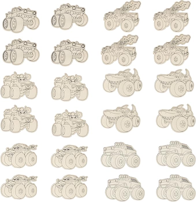 Kids Valentine's Day Cards - Monster Trucks Wood Painting Craft Kits (24ct)- Each Valentines Card Includes Craft w Paints, Brush, and Sticker- Make Classroom School Exchange Gifts Fun for Boys & Girls