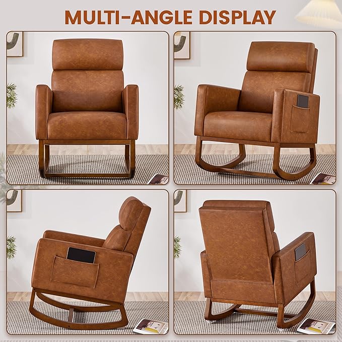 Yaheetech Rocking Chair, Leather Nursery Glider Chair, Upholstered Accent Chair with Rubber Wood Legs and Side Pockets, High Back Armchair for Living Room, Bedroom, Brown