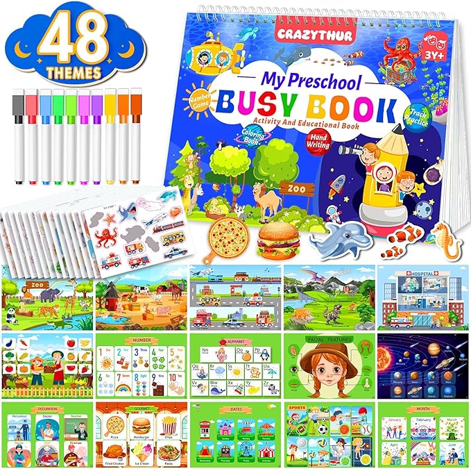 CRAZYTHUR Busy Book with 48 Themes Learning and Coloring for Kids, Busy Book for Toddlers, Toddler Preschool Busy Books for Homeschool Preschool, Gifts for Girls and Boys Ages 3, 4, 5, 6