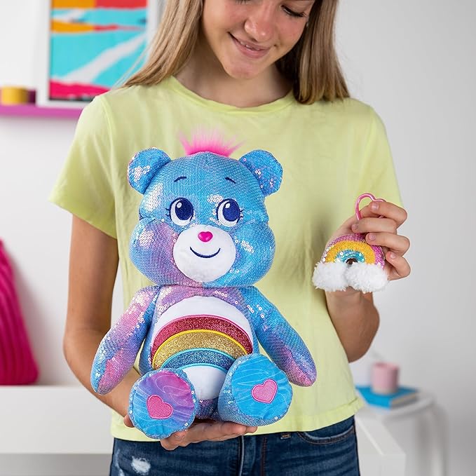 Care Bears Sequin Plush, Cheer Bear Plushie for Ages 4+ Perfect Stuffed Animal, Super Soft and Cuddly – Good for Girls and Boys, Employees, Collectors, Great Valentines Day Gift for Kids