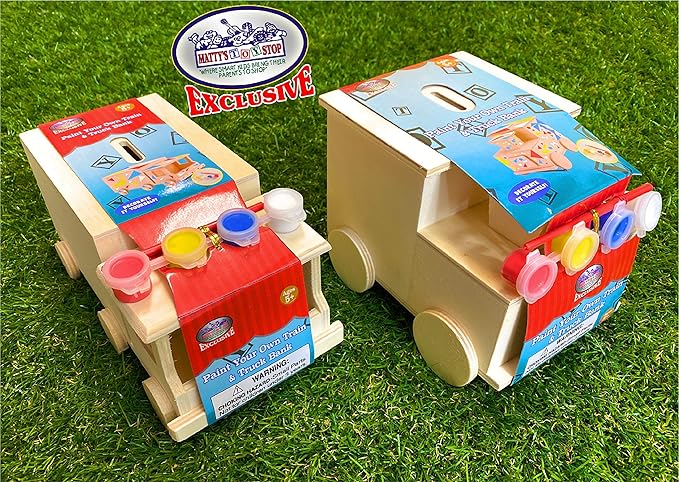 Mɑtty's Toy Stop Design & Paint Your Own Wooden Train & Truck Banks (Each Includes 4 Paints & 1 Brush) Gift Set Bundle - 2 Pack