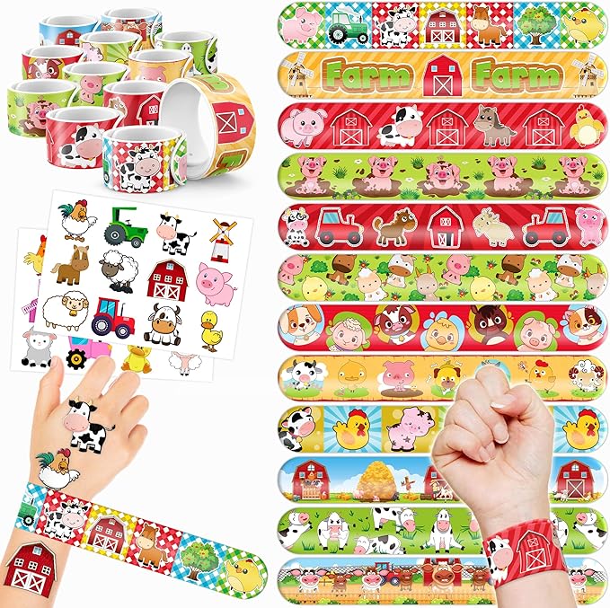48PCS Farm Animal Party Favors - 24PCS Tattoos & 24PCS Slap Bracelets - Barnyard Birthday Supplies, Cow & Tractor Decorations, Gifts for Girls & Boys
