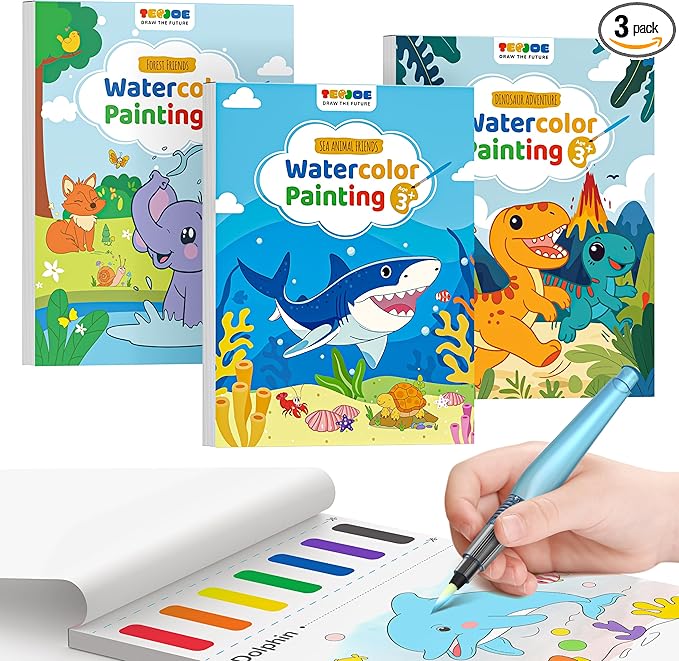 TECJOE 3 Pack Paint with Water Coloring Books for Toddlers, Watercolor Paint Set with 6 Brushes, Painting Activity for Kids Ages 4 5 6 7 8, Christmas Gift Arts & Crafts Toy, Dinosaurs, Forest & Sea