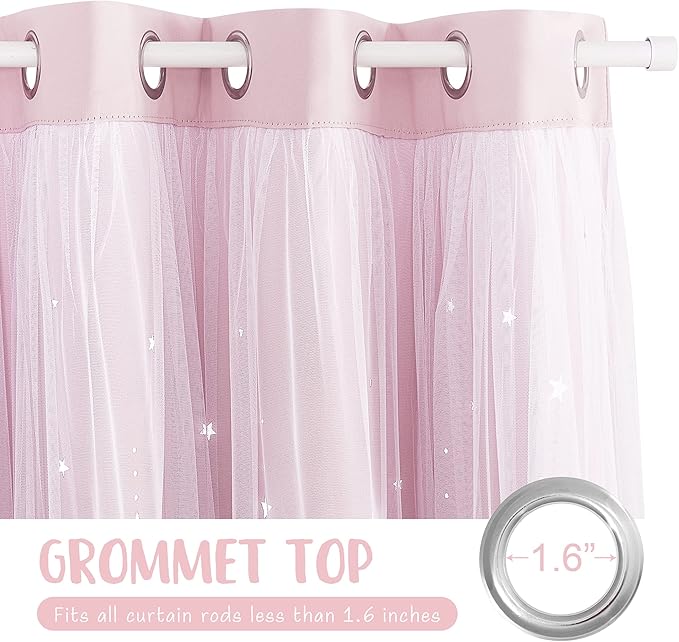 NICETOWN Short Curtains for Nursery Bedroom, Double Layer 63 inches Long Moon Star Cutout Girls Ombre Curtains with Sheer Overly for Living Room Nursery, 2 Panels, 42" Wide, Pink