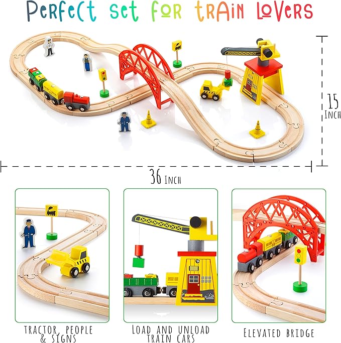 Wooden Train Sets for Boys 2-4-7 – 38 Pcs Wood Train Set for Toddlers w/Crane, Bridge & Wooden Train Tracks – Train Toys for 3 Year Old Boys & Girls – Fits Thomas Brio IKEA Melissa and Doug