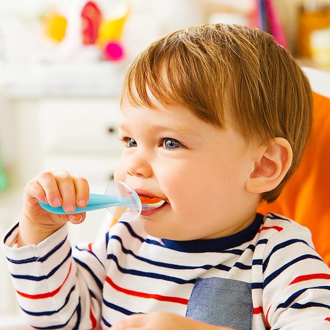 Munchkin® Silicone Scoop™ Trainer Spoons with Choke Guard for Baby Led Weaning, 4 Count, Blue/Green
