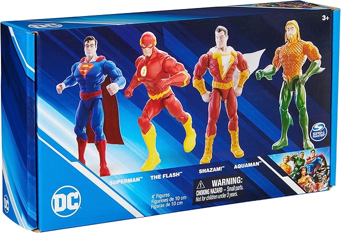 DC Comics, Action Figures 4-Pack, Superman, The Flash, Shazam!, Aquaman 4-inch Figures, Accessories, Superhero Kids Toys for Boys and Girls, Ages 3+