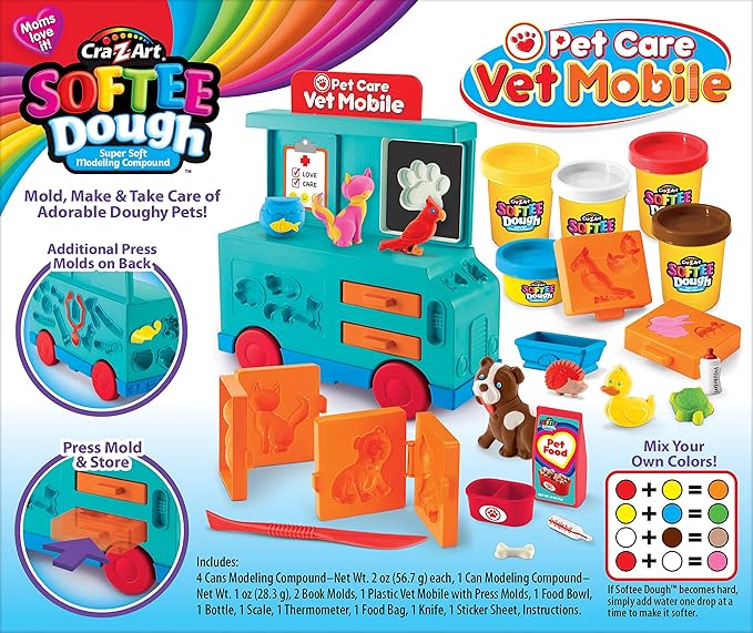 Cra-Z-Art Softee Dough Pet Care Vet Mobile Playset, Modeling Dough Play Toy for Kids Ages 3 Years and Up
