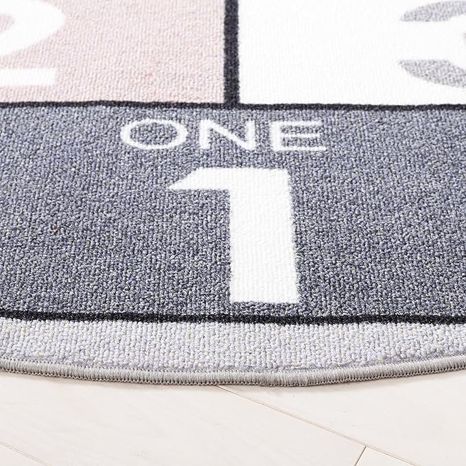 SAFAVIEH Kids Playhouse Collection Area Rug - 3'3" Round, Grey & Pink, Hopscotch, Non-Shedding & Easy Care, Machine Washable Ideal for High Traffic Areas in Playroom, Nursery, Bedroom (KPH226A)