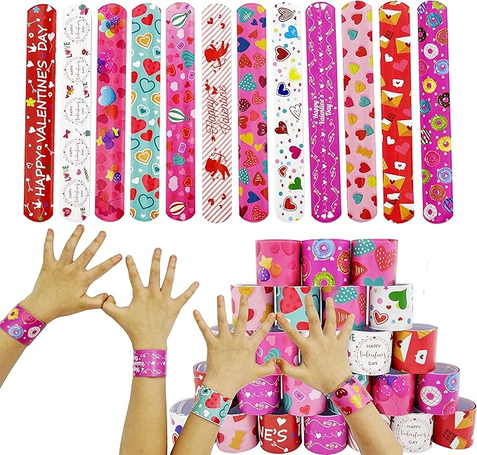 Valentine Slap Bracelets for Kids Valentines Day Slap Bracelets Bulk for Boys and Girls Holiday Slap Bracelet Party Favors Supplies Classroom Prizes Exchanging Gifts (48)