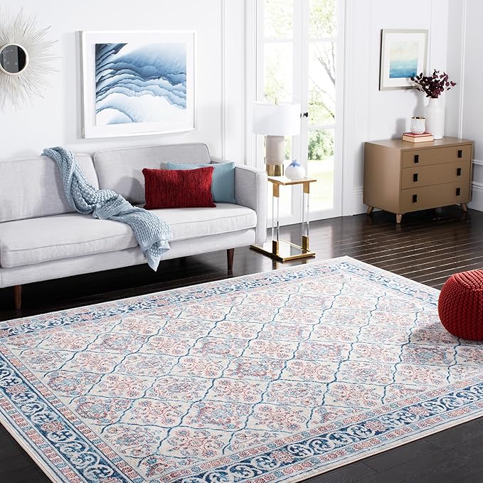 SAFAVIEH Brentwood Collection Area Rug - 9' x 12', Beige & Navy, Oriental Damask Trellis Design, Non-Shedding & Easy Care, Ideal for High Traffic Areas in Living Room, Bedroom (BNT870B)