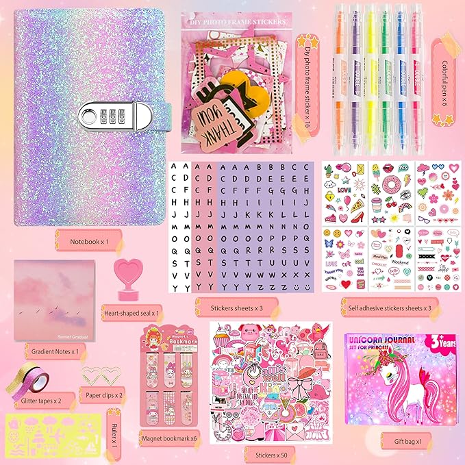 DIY Journal Kit for Girls,Diary for Girls with Lock,DIY Journal Set for Tween & Teen Girls, Stationery Set, Diary Supplies Set, Journaling Art Crafts Kit, Ideal Gifts for Girl