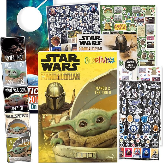 Disney Studios Star Wars Mandalorian Coloring Book Set - Bundle Includes Baby Yoda Stickers and Specialty Door Hanger(Star Wars Classic)
