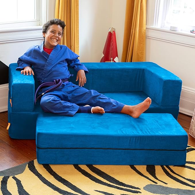 Jaxx Zipline Kids Sofa & Large Ottoman 3 in 1 Fold Out Sofa, Big Kids Edition Blueberry