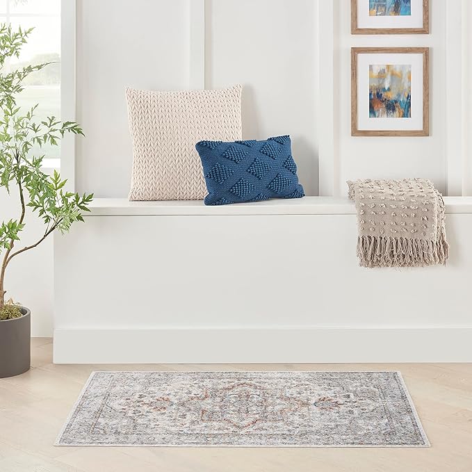 Nourison Astra Machine Washable Traditional Grey/Multi 3'3" x 5' Area Rug, Easy Cleaning, Non Shedding, Bed Room, Living Room, Dining Room, Kitchen (3x5)