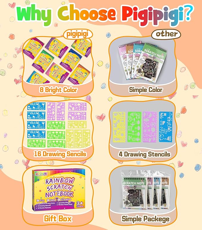pigipigi Scratch Paper Party Favor: 16 Pack Rainbow Scratch Notebook for Kid Art Craft Supplies Age 3-12 Boys Girls Coloring Book Birthday Christmas Easter Toy Gift Activity Drawing Kit