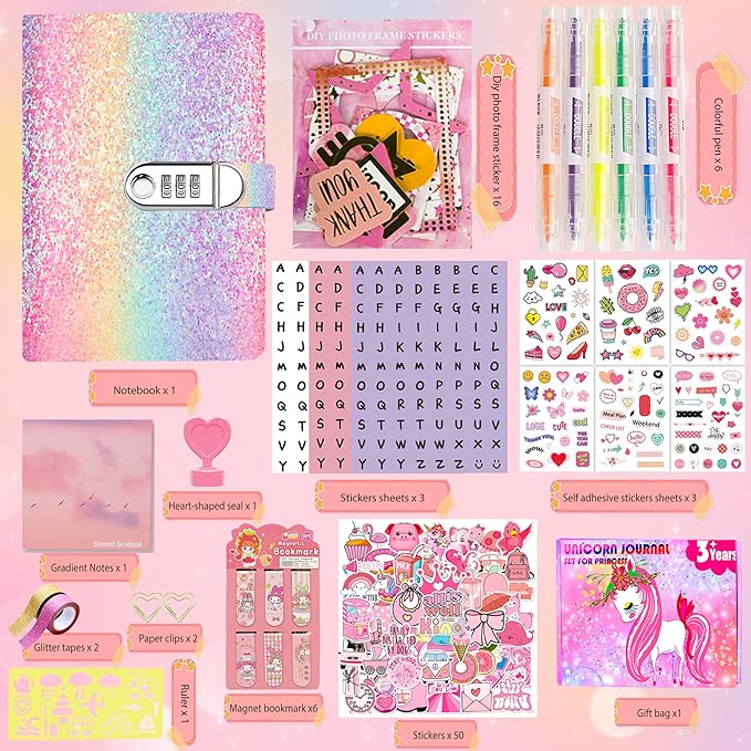 DIY Journal Kit for Girls,Diary for Girls with Lock,DIY Journal Set for Tween & Teen Girls, Stationery Set, Diary Supplies Set, Journaling Art Crafts Kit, Ideal Gifts for Girl