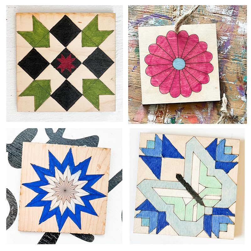 Set of 4 Barn Quilt Kit DIY Pattern Unfinished Wood Quilting Block Sign Paintable Art for Adults and Kids (6 Inches Square) (Butterfly, Patchwork Star, Dresden Flower, Starburst)