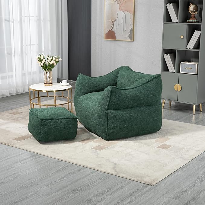 KEIKI Bean Bag Chair with Foot Rest & Armrest, Bean Bag Couch with Filler, Comfort Lounger High Back Bean Bag Lazy Sofa for Adults & Kids for Living Room, Bedroom, Apartment, Dorms, Emerald
