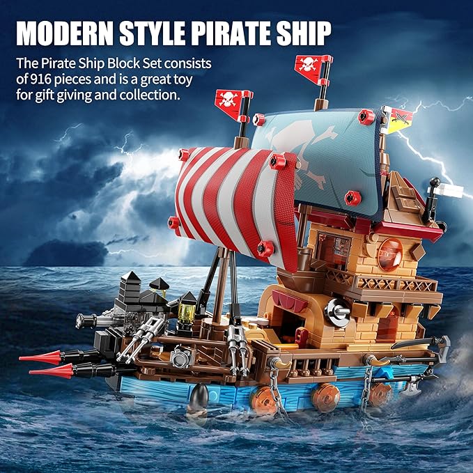 TYCOLE Pirate Ship Building Block Set with Lights,Creative Pirate Toys Compatible with Legos,Modern Boat Model Set,Idea Christmas Birthday Gift for Adults and Boys,Girls 8-14 and up(916 Pieces)