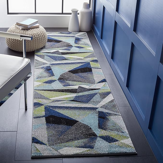SAFAVIEH Porcello Collection Runner Rug - 2'3" x 10', Grey & Blue, Modern Abstract Design, Non-Shedding & Easy Care, Ideal for High Traffic Areas in Living Room, Bedroom (PRL6940G)