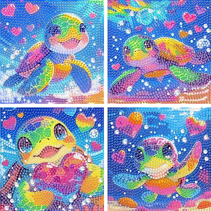 Turniton 4 Packs 5D Cartoon Diamond Art Kits for Kids, Cute Animals DIY Diamond Arts Mosaic Kits for Adults, Full Round Drill Gem Art for Home Wall Decor Kids Present 7X7 inch