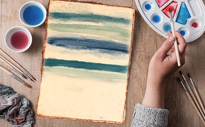 LEATHER VILLAGE Watercolor Paper - 7.5 X 11 inches, 50 Sheets - Mixed Media Watercolor Paper - 150 GSM Thick Deckle Edge Virgin Cotton Handmade Paper - Vintage Toned