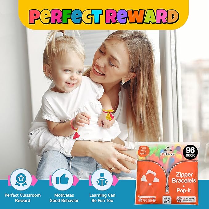 UpBrands 96 Bubbles Party Favors For Kids, Upgraded Fidget Pop-it Zipper Bracelets, Stress Relief and ADHD Fidget Toys For Kids, Kit For Goodie Bag