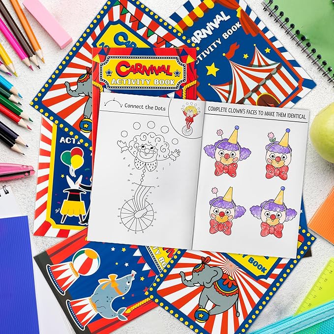 JAPBOR Carnival Activity Coloring Books - 24PCS Mini Circus Carnivals Activities Color Books Bulk for Kids Party Favors, Showman Themed Small Colouring Pages for Birthday Class Drawing Painting Game