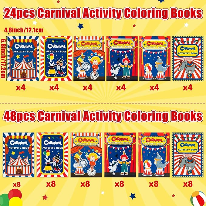 JAPBOR Carnival Activity Coloring Books - 24PCS Mini Circus Carnivals Activities Color Books Bulk for Kids Party Favors, Showman Themed Small Colouring Pages for Birthday Class Drawing Painting Game