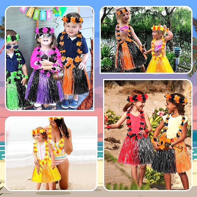 Fortuning's JDS Hawaiian Hula Grass Skirt for Girls Elastic Flower Costume Kids Outfits for Luau Tropical Beach Party Decor