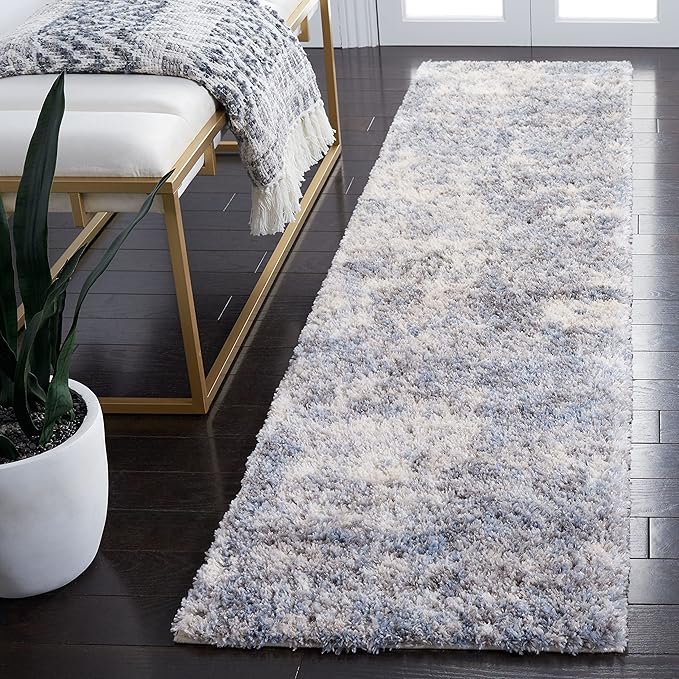 SAFAVIEH Berber Shag Collection Runner Rug - 2' x 8', Ivory & Blue, Modern Abstract Design, Non-Shedding & Easy Care, 1.2-inch Thick Ideal for High Traffic Areas in Living Room, Bedroom (BER274B)