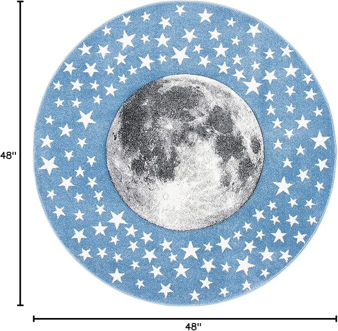 SAFAVIEH Carousel Kids Collection 4' Round Light Blue/Grey CRK135L Moon & Stars Non-Shedding Playroom Nursery Bedroom Area Rug