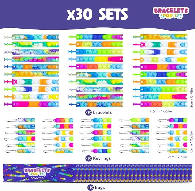 Pop It Bracelets and Keychains Kids Party Favors Pack 30 - BONNYCO | Goodie Bags Stuffers For Kids Fidget Toys Bulk, Birthday Party Favors for Kids Pinata Stuffers, Goody Bag Stuffers for Kids Pop Its