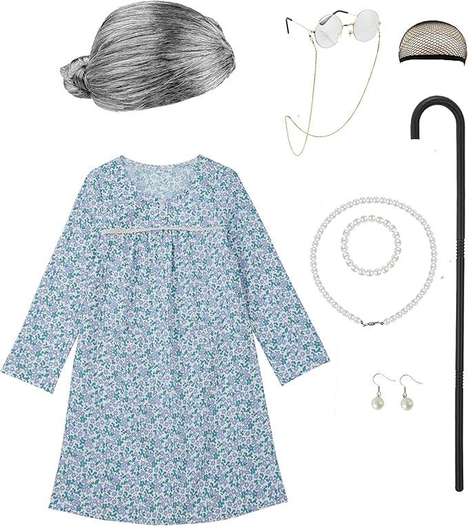 Girls 100 days of school costume Grandma dress Halloween cosplay Little Old Lady Costume for kids