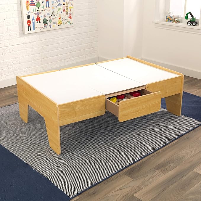 KidKraft Double-Sided Wooden Train and Activity Table with Built-in Storage Drawer, Natural, Gift for Ages 3+