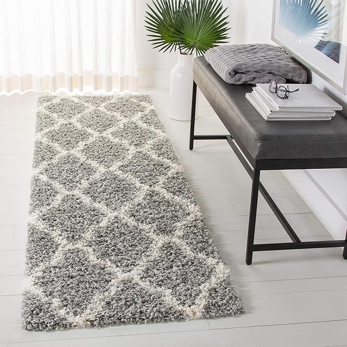 SAFAVIEH Dallas Shag Collection 2'3" x 10' Grey/Ivory SGDS257G Trellis Non-Shedding Living Room Bedroom Dining Room Entryway Plush 1.5-inch Thick Runner Rug