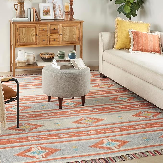 Nourison Baja Tribal Ivory/Grey 8' x 10' Area Rug, Easy Cleaning, Non Shedding, Bed Room, Living Room, Dining Room, Kitchen (8x10)