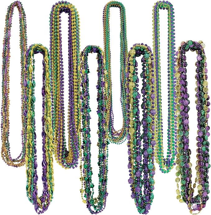 Mardi Gras Plastic Throw Beads Necklace Assortment 100 Piece Party Favors
