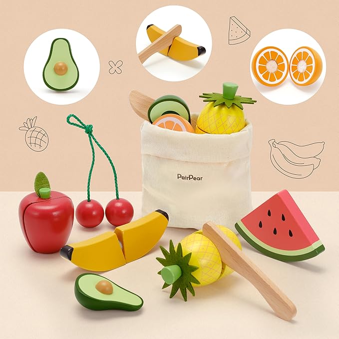 PairPear Wooden Toys Play Food Sets for Kids Kitchen, Kids Toy Food Cutting Vegetables Set for Toddlers 3+ Years Old, Pretend Food Play Kitchen Accessories for Girls and Boys