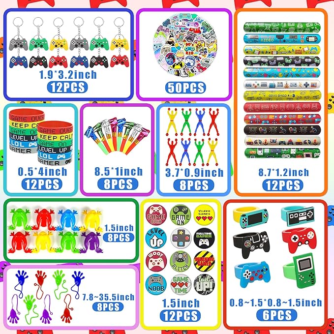 Video Game Party Favors Video Game Theme Keychain Stickers Chest Badge Bracelet Ring for Level Up Party Birthday Party Classroom Rewards Supplies (Multicolor)