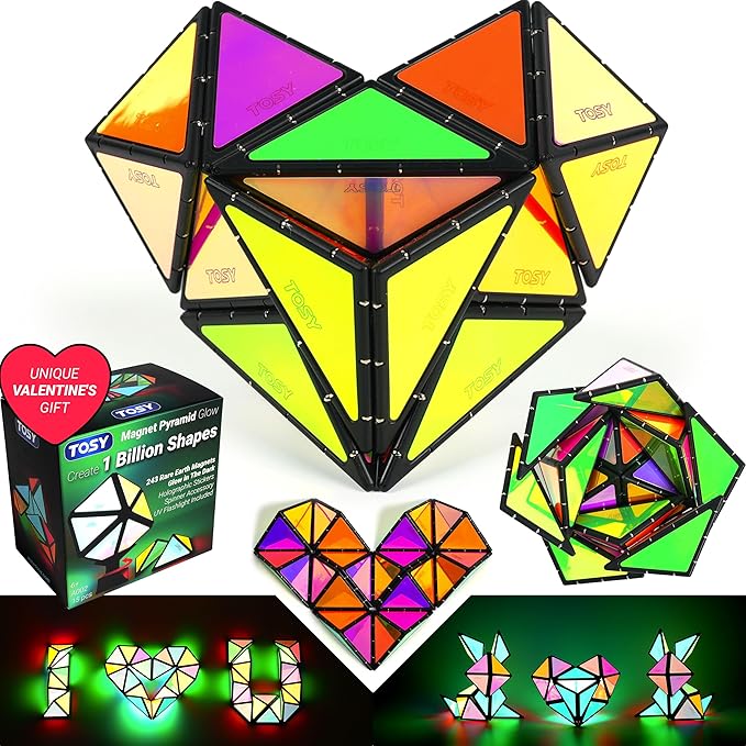 TOSY Magnet Pyramid Glow - 1 Cube Transforms into 1 Billion Shapes (Heart, Rose, Chocolate box…), 243 Rare Earth Magnets, Glowing, Holographic Design, Puzzle Toy, Easter Valentine Gift for him for her