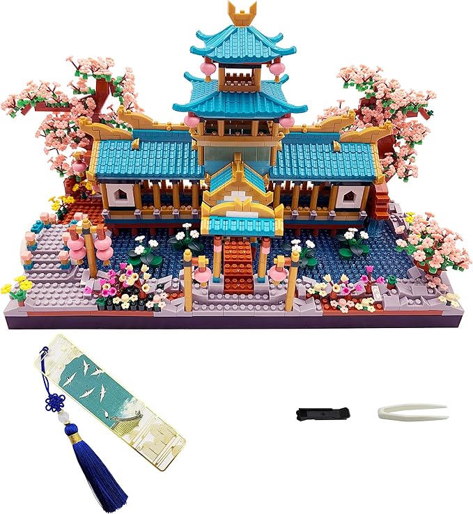 Alizdd Micro Building Blocks Set，Chinese Suzhou Garden Architecture and Cherry Blossom Bonsai Tree Building Toys for Adults，Japanese Sakura House Model，Creative Mini Bricks Gift for Kids 14+，2350 pcs